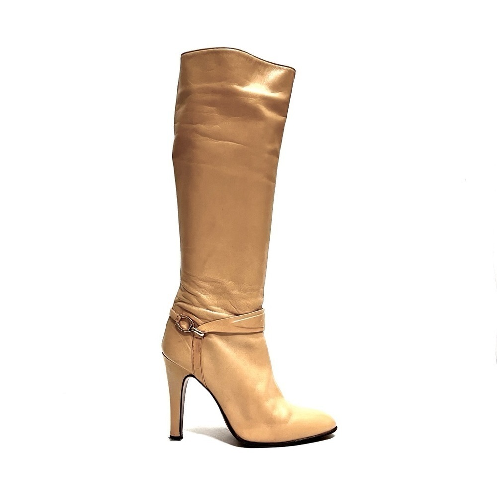 Vintage 1970s khaki tan vegan leather knee high zip up heeled fashion boots